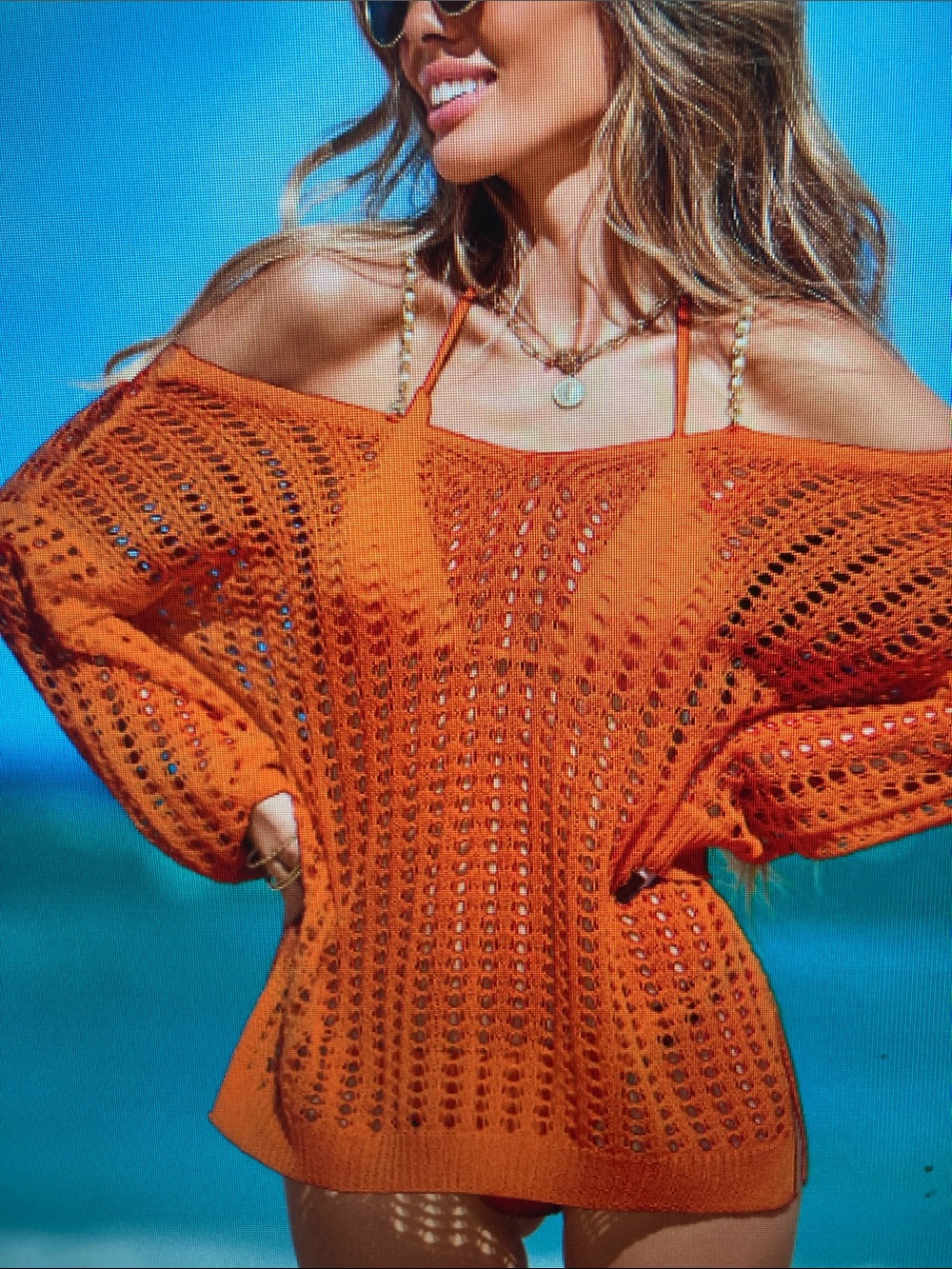Orange Crochet Off-Shoulder Swim Cover-Up